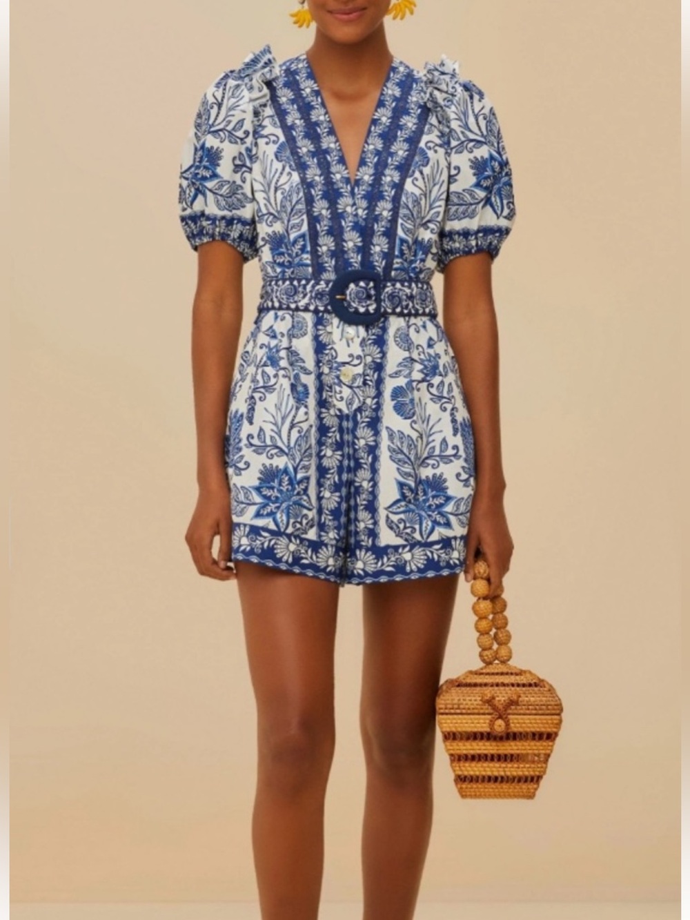 FARM Rio White Mini Dress with Blue Floral Embroidery and Belt